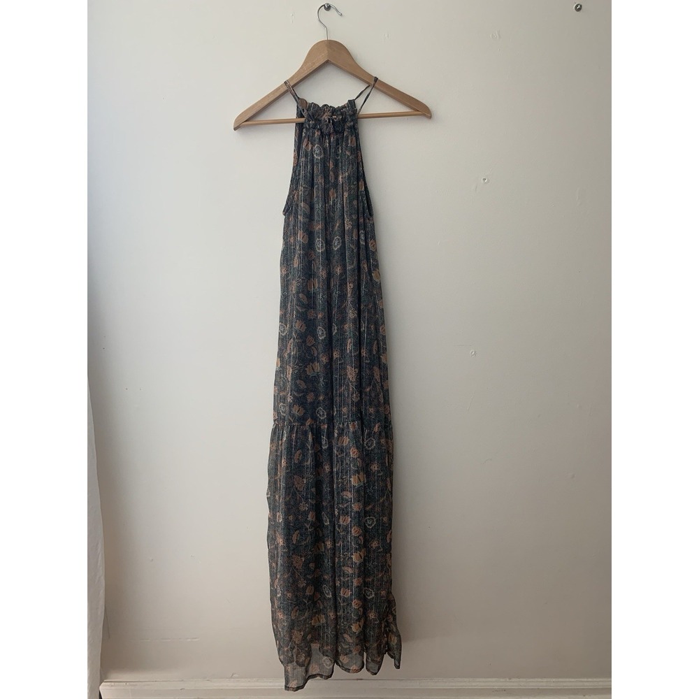 World Market Maxi Halter Dress Ruffle Neck Sz S/M Metallic Thread Cotton Lined